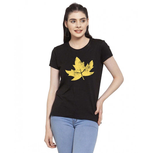 Generic Women's Cotton Blend Leafe Printed T-Shirt (Black)