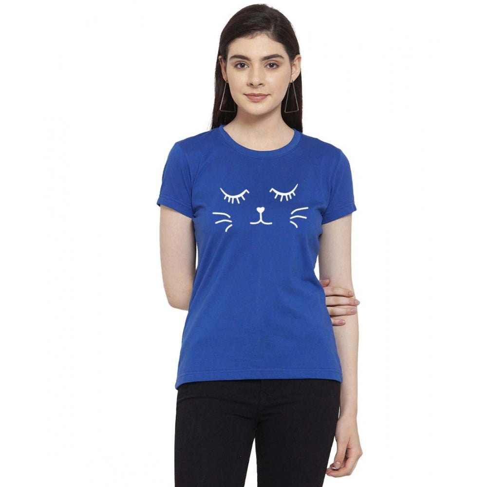 Generic Women's Cotton Blend Graphic Cat Printed T-Shirt (Blue)