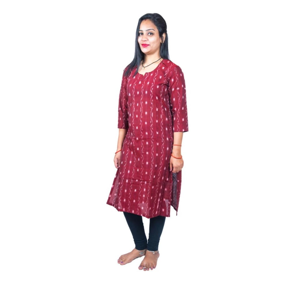 Generic Women's Sambalpuri Certified Handloom Pure Cotton Straight Kurti (Maroon)