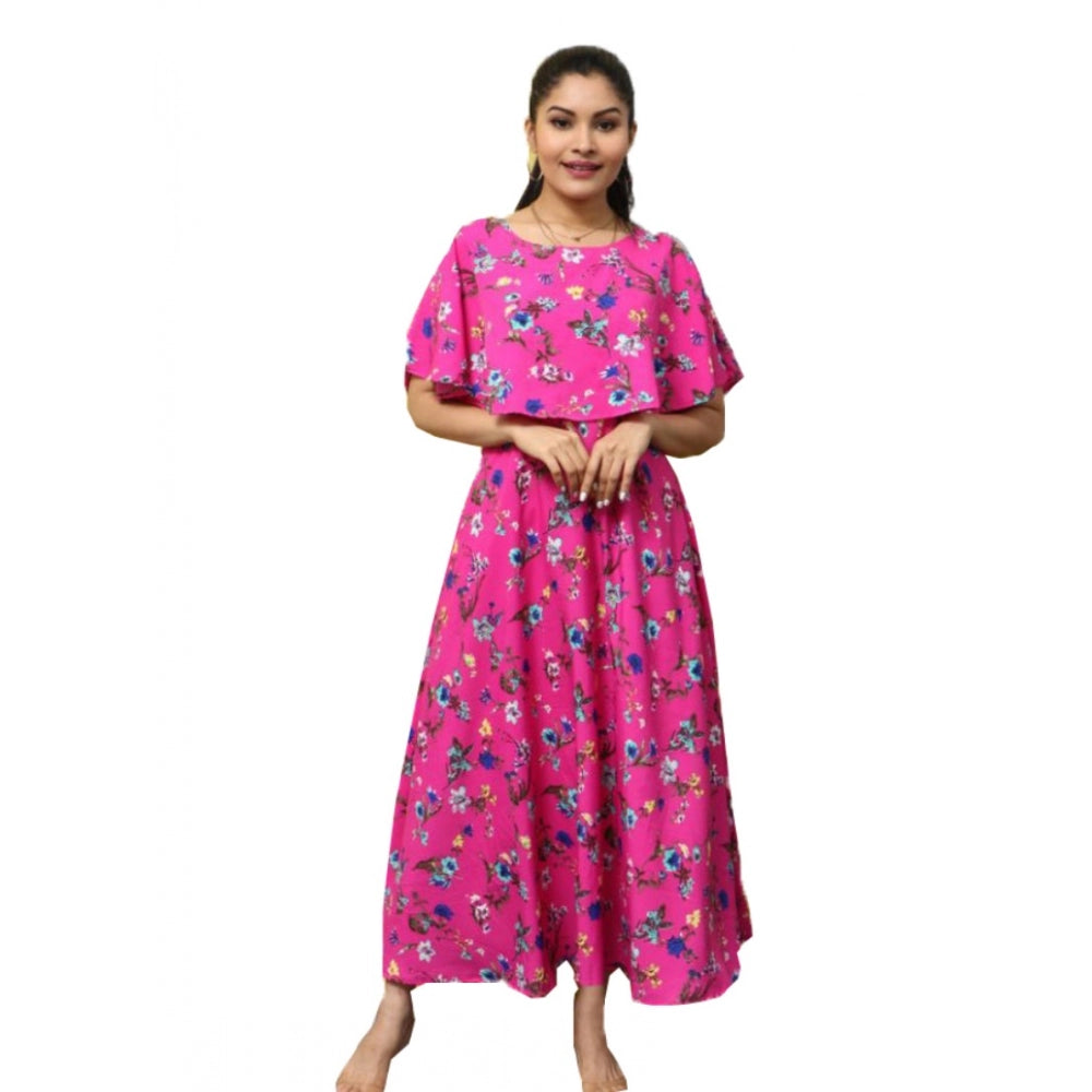 Generic Women's Crepe Floral Half Sleeves Full Length Gown(Pink)