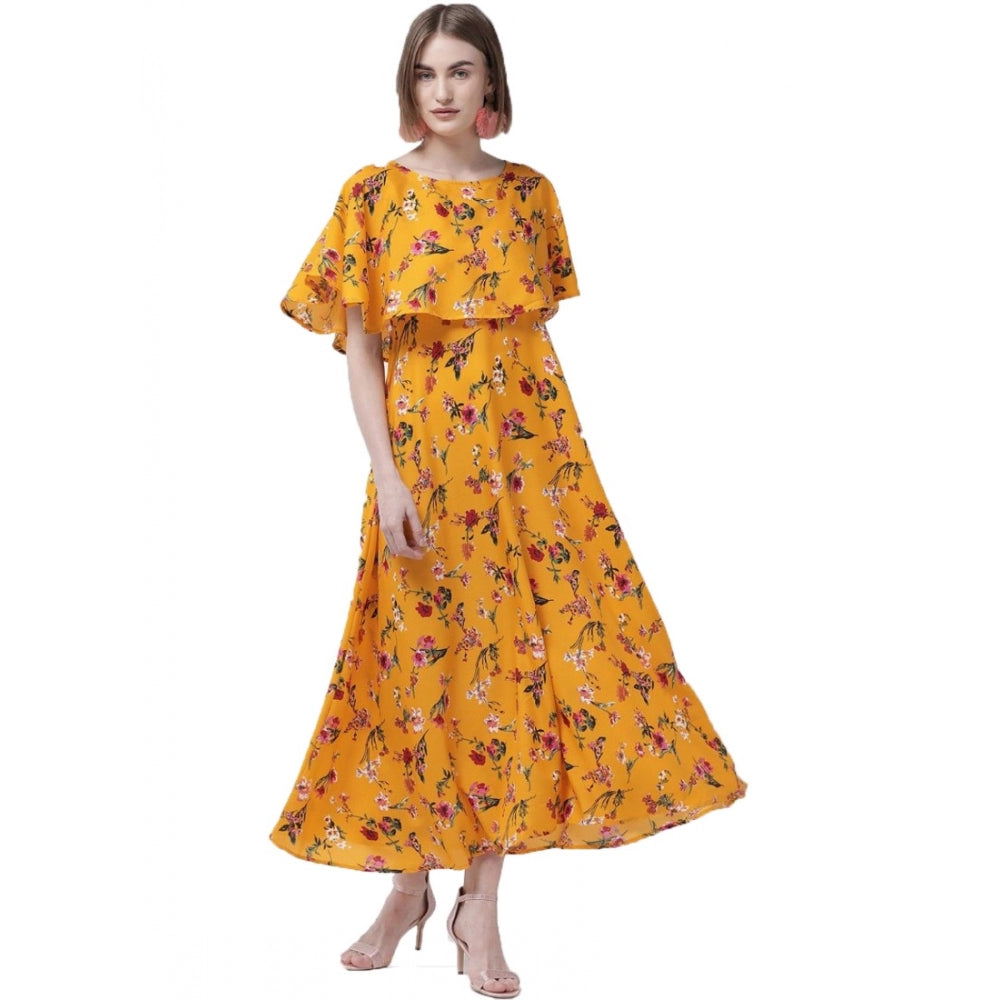 Generic Women's Crepe Floral Half Sleeves Full Length Gown(Yellow)