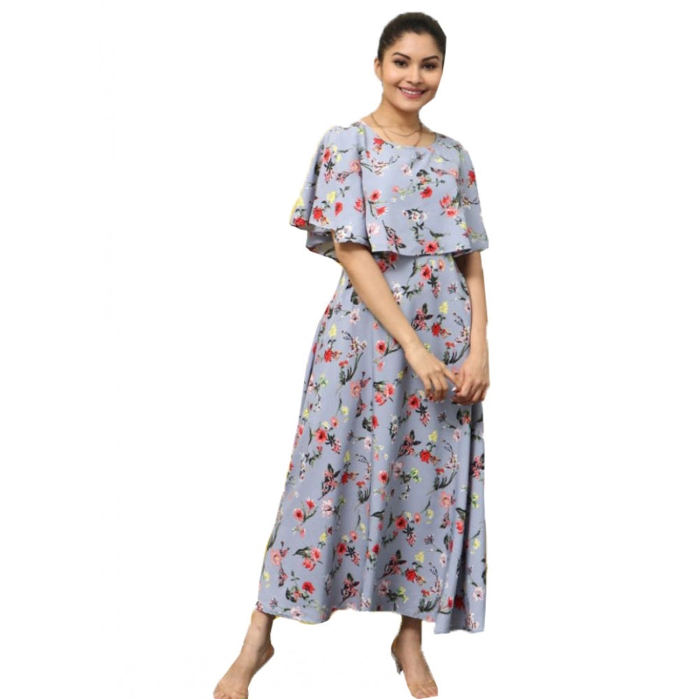 Generic Women's Crepe Floral Half Sleeves Full Length Gown(Light Grey)