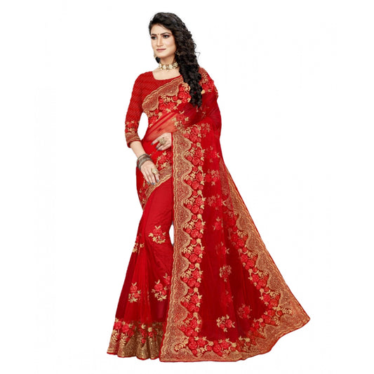 Shopper Beast Women's Net Saree With Blouse (Red, 5-6Mtrs)