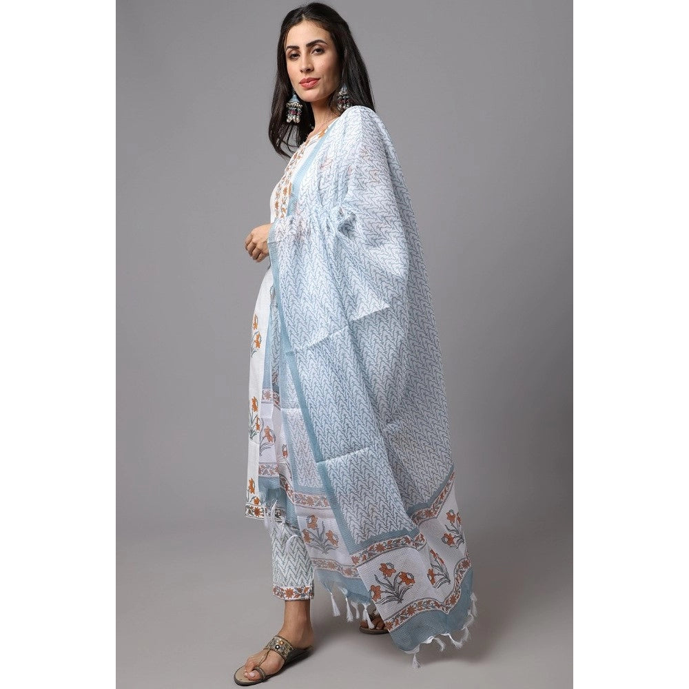 Shopper Beast Women's Cotton Blend Printed Work Kurti With Bottom And Dupatta Set (Ligtht Blue)