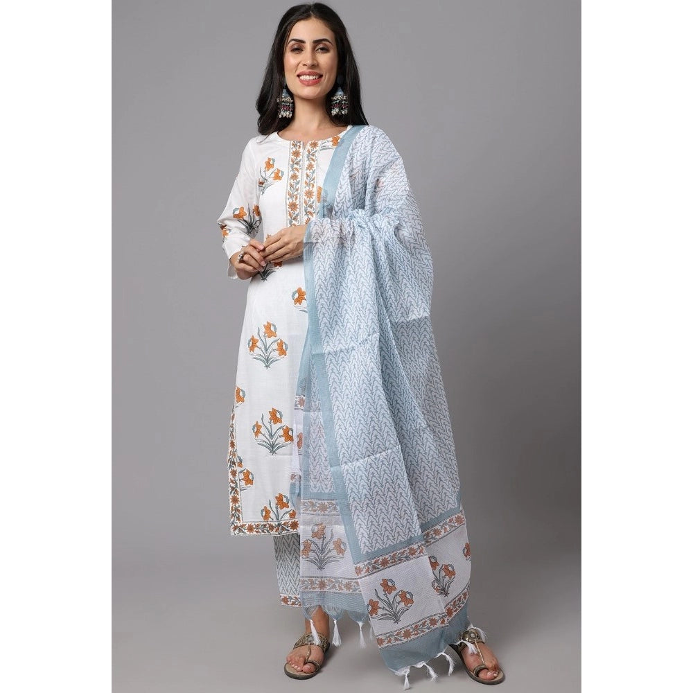 Shopper Beast Women's Cotton Blend Printed Work Kurti With Bottom And Dupatta Set (Ligtht Blue)