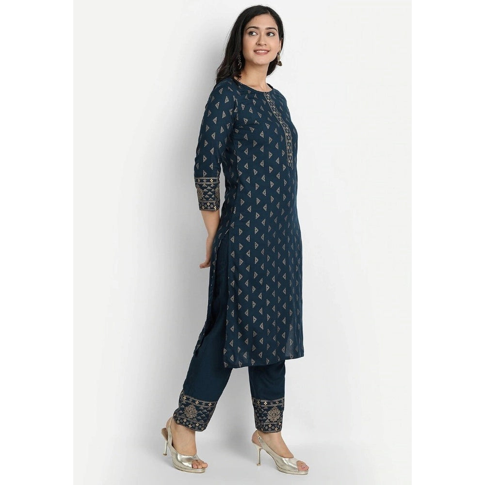 Shopper Beast Women's Cotton Blend Printed Work Kurti With Bottom And Dupatta Set (Blue)