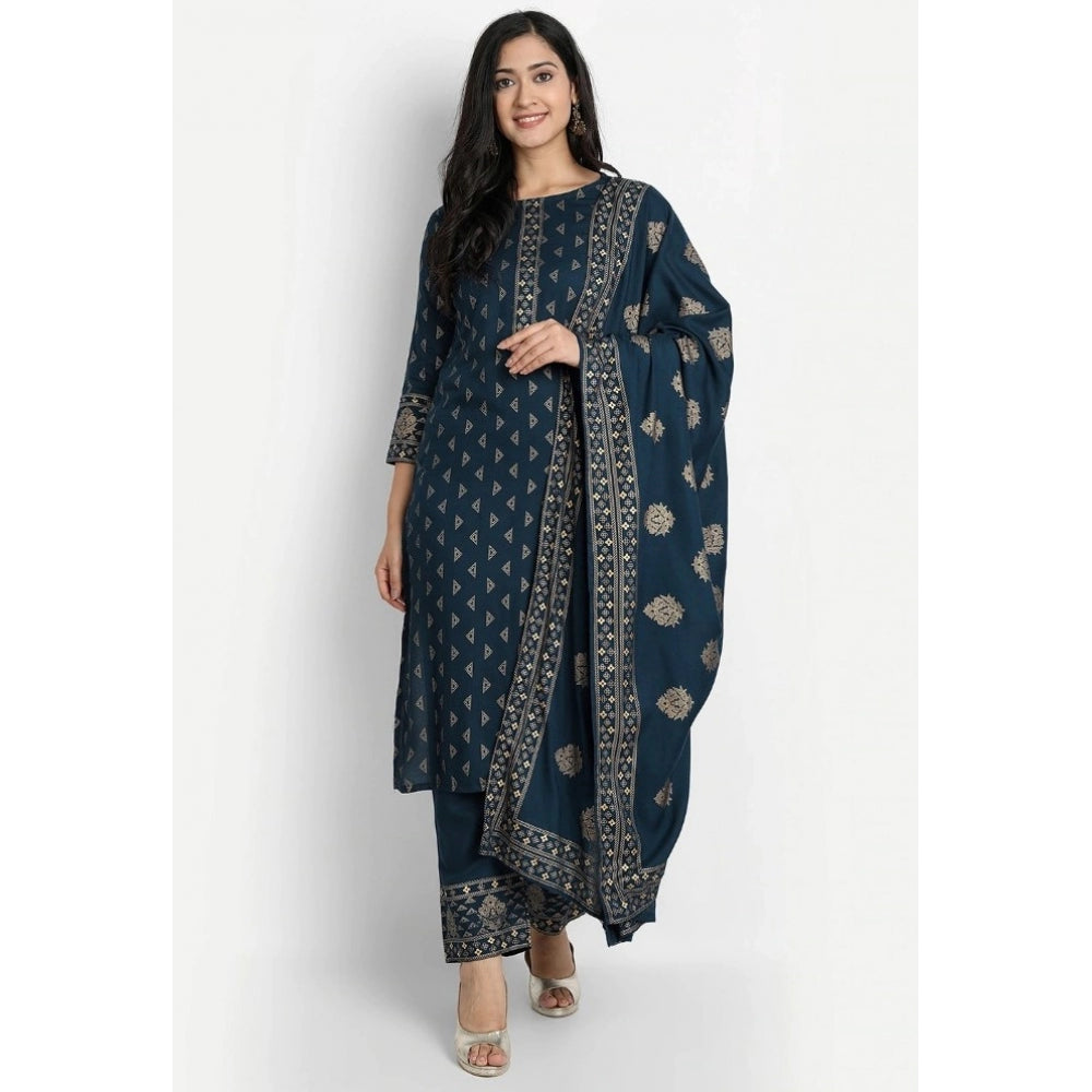 Shopper Beast Women's Cotton Blend Printed Work Kurti With Bottom And Dupatta Set (Blue)