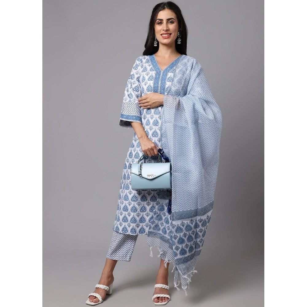 Shopper Beast Women's Cotton Blend Printed Work Kurti With Bottom And Dupatta Set (Ligtht Blue)