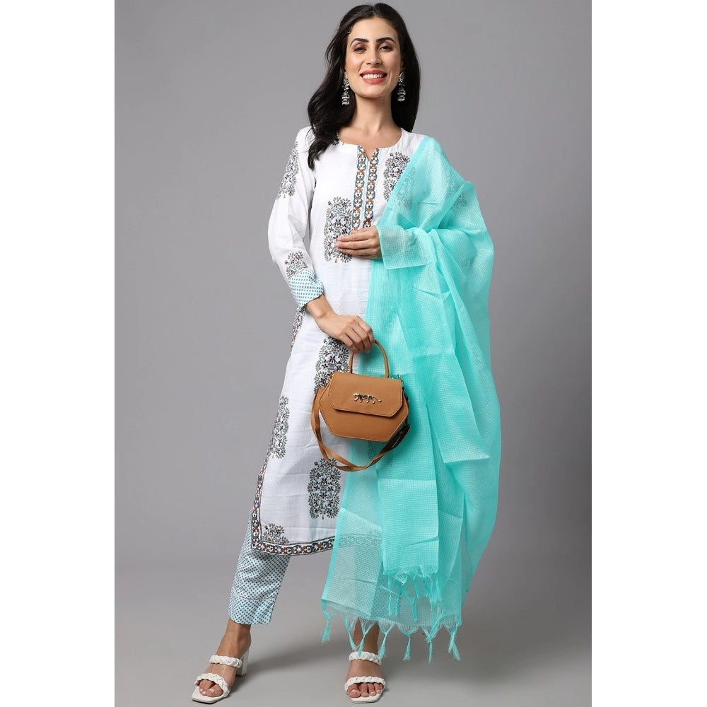 Shopper Beast Women's Cotton Blend Printed Work Kurti With Bottom And Dupatta Set (White)