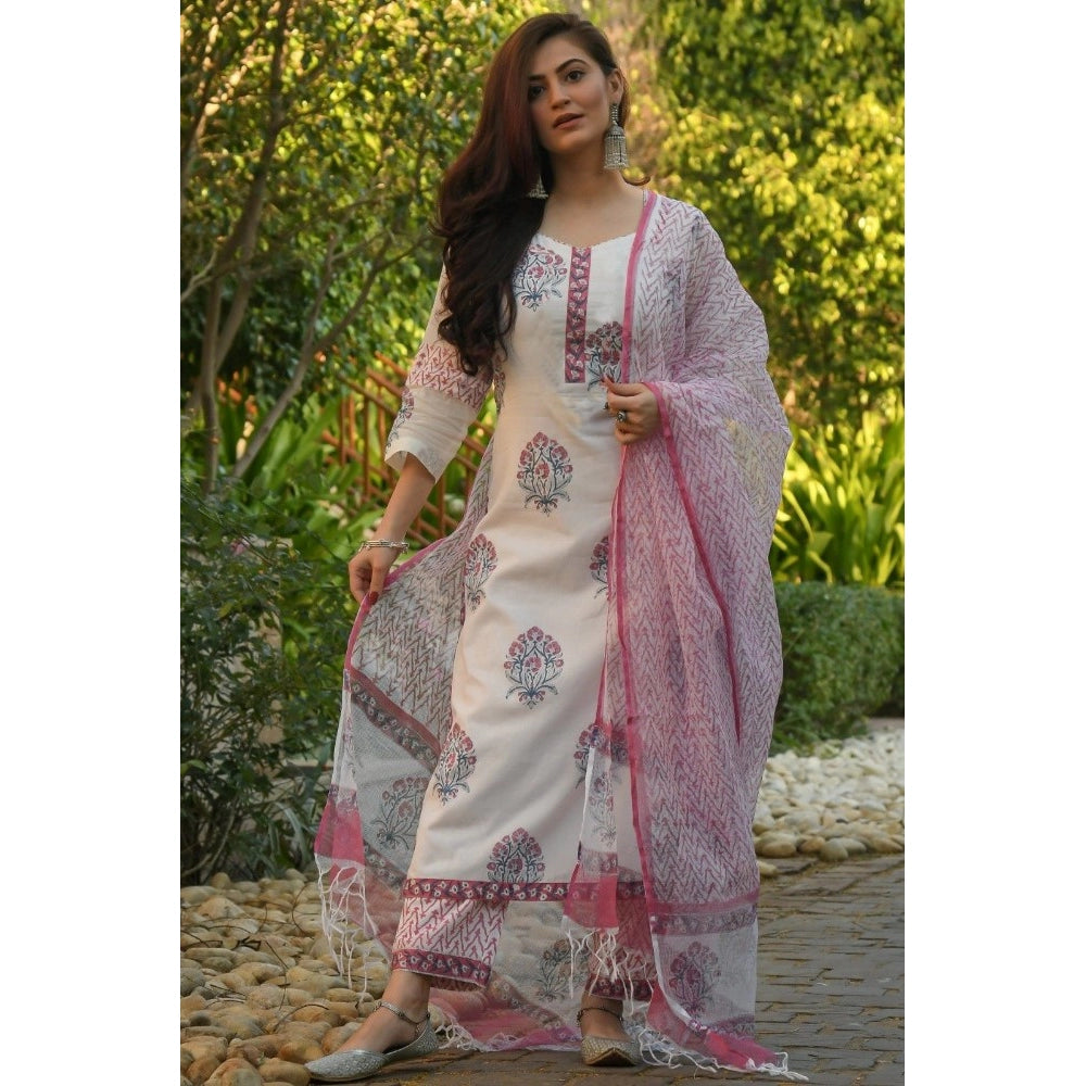 Shopper Beast Women's Cotton Blend Printed Work Kurti With Bottom And Dupatta Set (Pink)