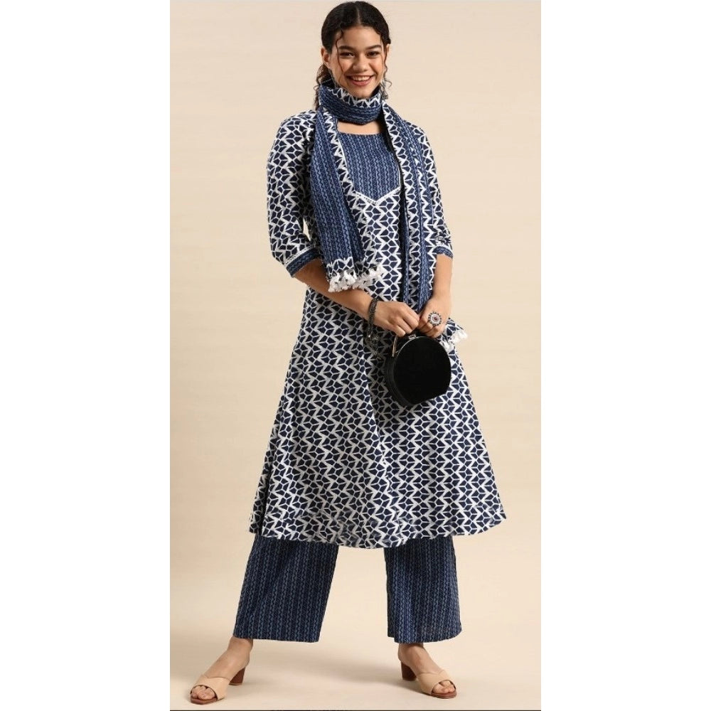 Shopper Beast Women's Cotton Blend Printed Work Kurti With Bottom And Dupatta Set (Blue)