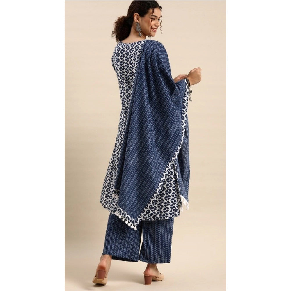 Shopper Beast Women's Cotton Blend Printed Work Kurti With Bottom And Dupatta Set (Blue)