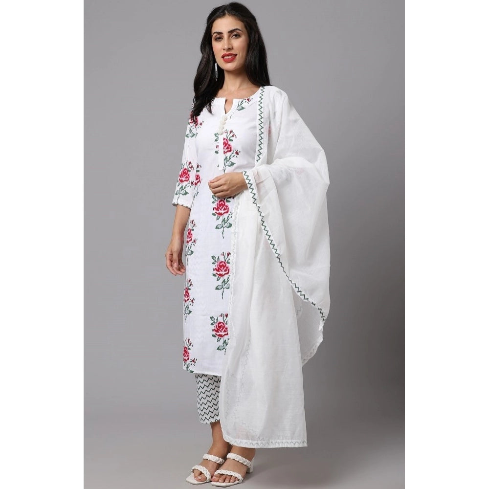 Shopper Beast Women's Cotton Blend Printed Work Kurti With Bottom And Dupatta Set (White)