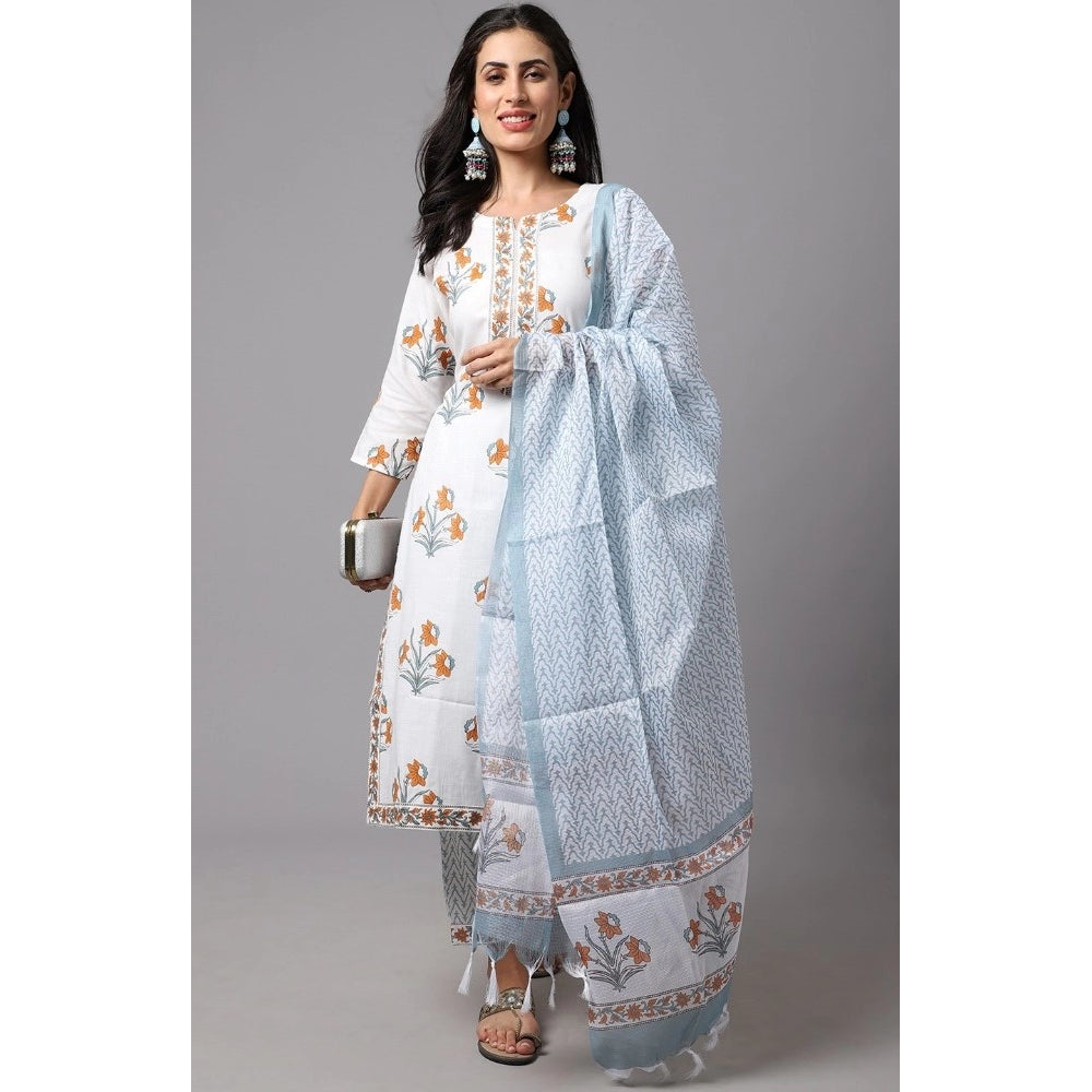 Shopper Beast Women's Cotton Blend Printed Work Kurti With Bottom And Dupatta Set (Ligtht Blue)