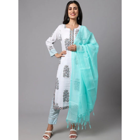 Shopper Beast Women's Cotton Blend Printed Work Kurti With Bottom And Dupatta Set (White)