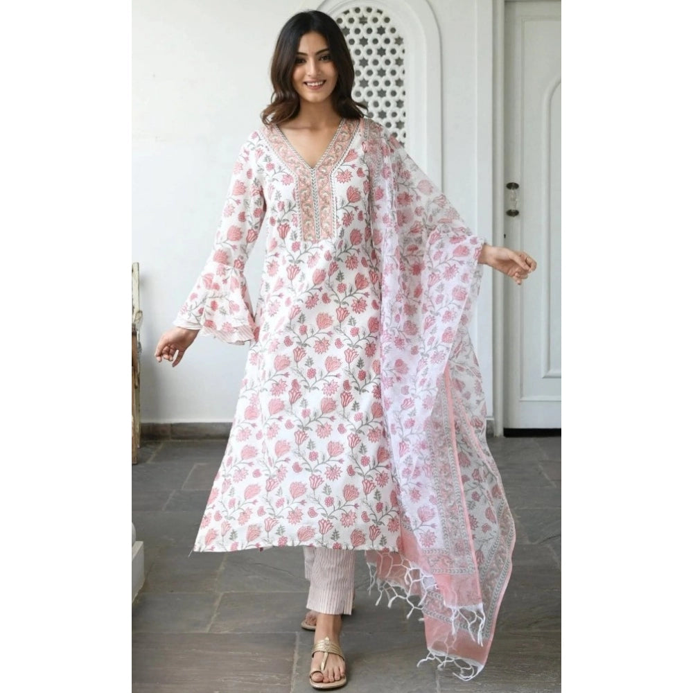 Shopper Beast Women's Cotton Blend Printed Work Kurti With Bottom And Dupatta Set (Pink)