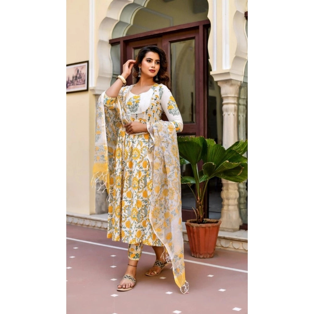 Shopper Beast Women's Cotton Blend Printed Work Kurti With Bottom And Dupatta Set (Yellow)