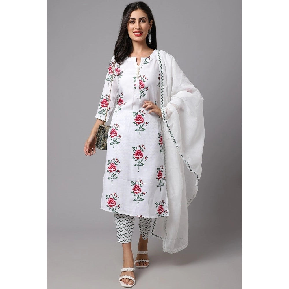 Shopper Beast Women's Cotton Blend Printed Work Kurti With Bottom And Dupatta Set (White)