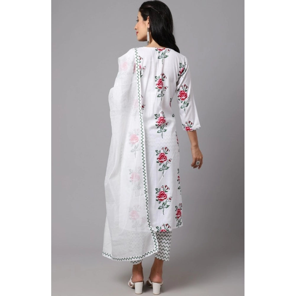 Shopper Beast Women's Cotton Blend Printed Work Kurti With Bottom And Dupatta Set (White)