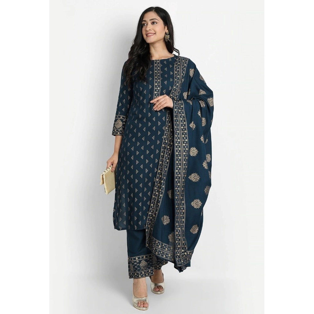 Shopper Beast Women's Cotton Blend Printed Work Kurti With Bottom And Dupatta Set (Blue)