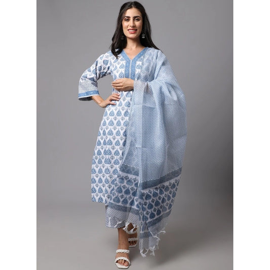 Shopper Beast Women's Cotton Blend Printed Work Kurti With Bottom And Dupatta Set (Ligtht Blue)