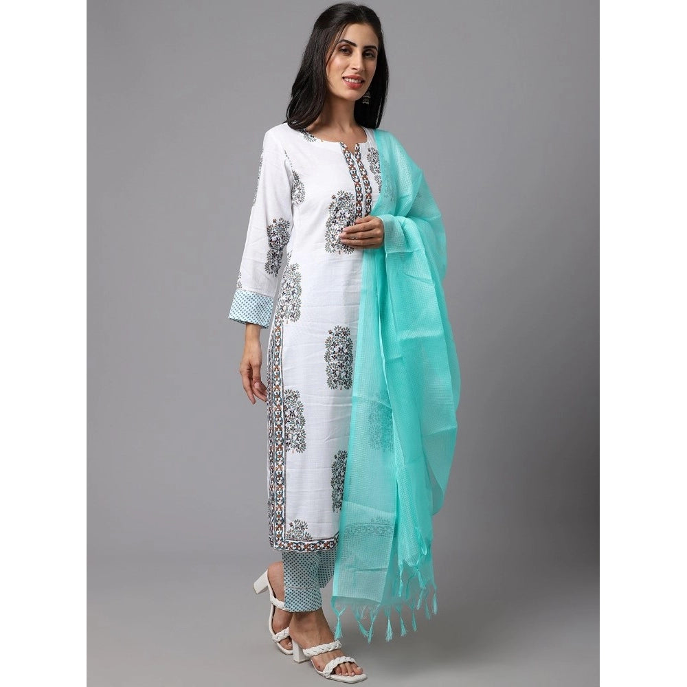 Shopper Beast Women's Cotton Blend Printed Work Kurti With Bottom And Dupatta Set (White)