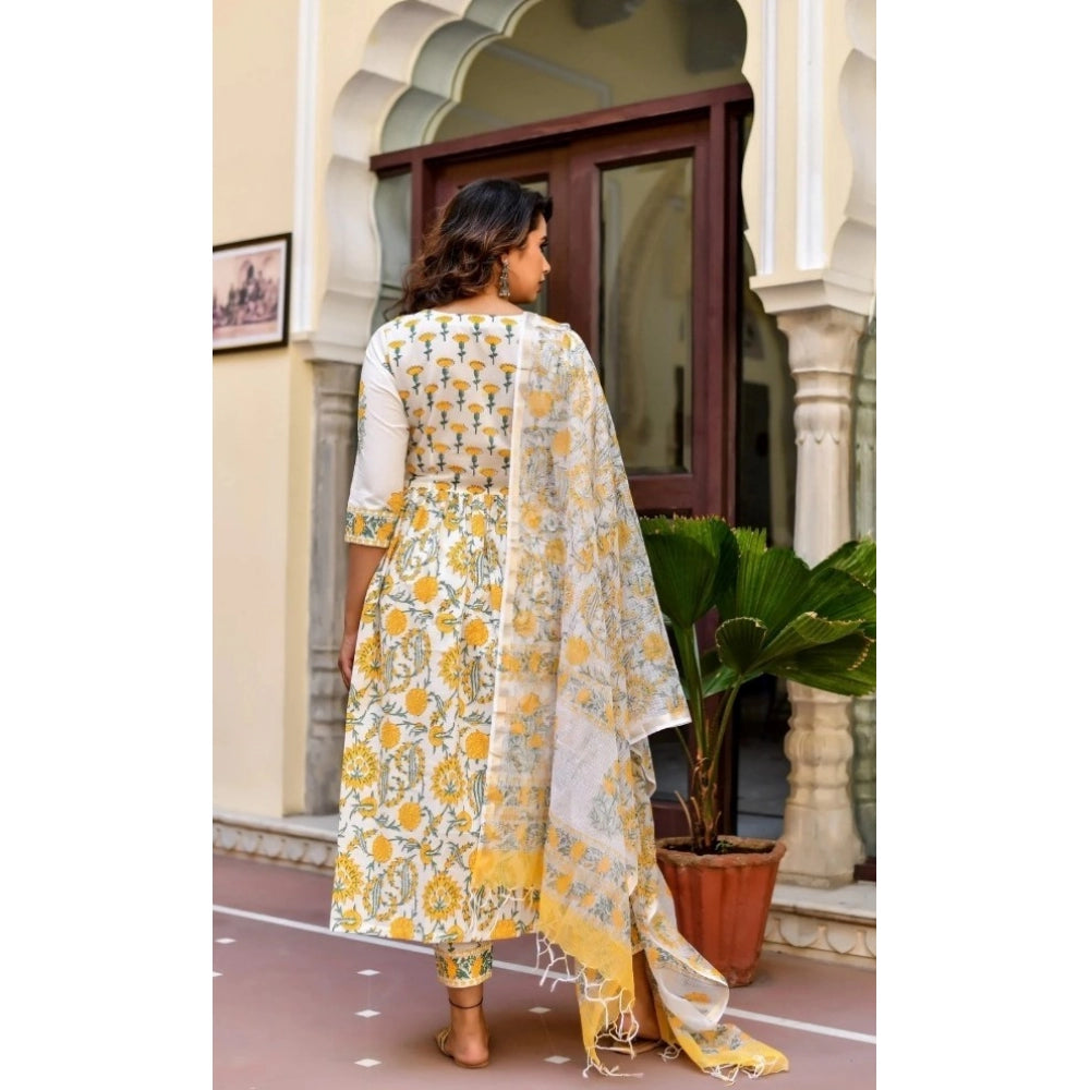 Shopper Beast Women's Cotton Blend Printed Work Kurti With Bottom And Dupatta Set (Yellow)