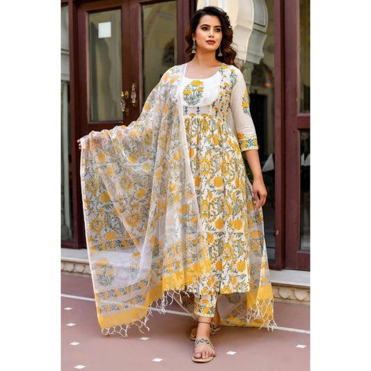 Shopper Beast Women's Cotton Blend Printed Work Kurti With Bottom And Dupatta Set (Yellow)