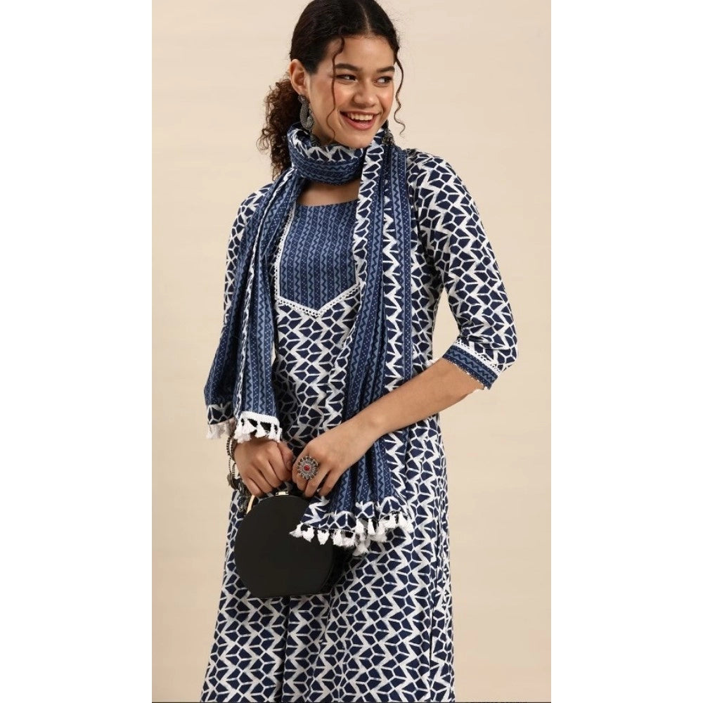 Shopper Beast Women's Cotton Blend Printed Work Kurti With Bottom And Dupatta Set (Blue)