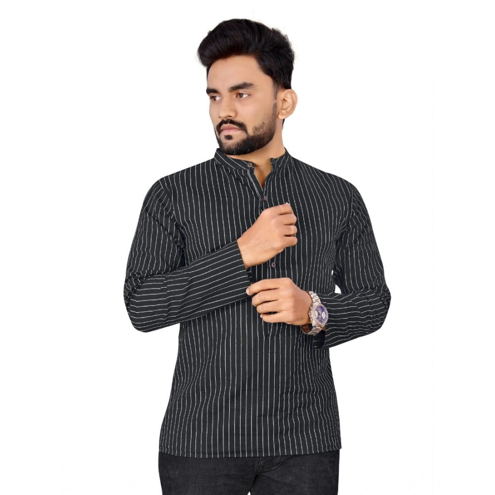 Generic Men's Cotton Striped Pattern Full Sleeve Short Kurta (Black)