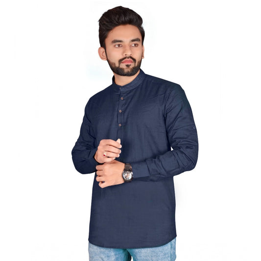 Generic Men's Cotton Solid Full Sleeve Short Kurta (Dark Blue)