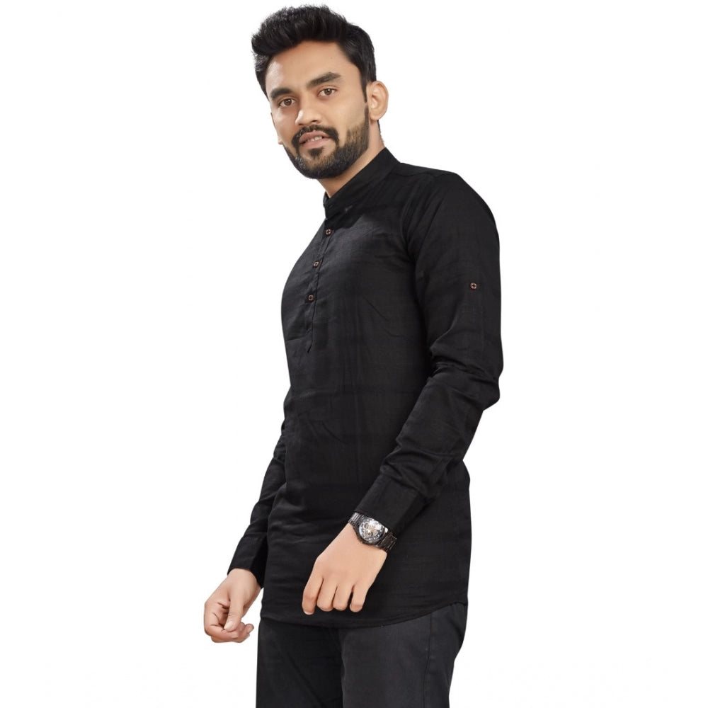 Generic Men's Cotton Solid Full Sleeve Short Kurta (Black)