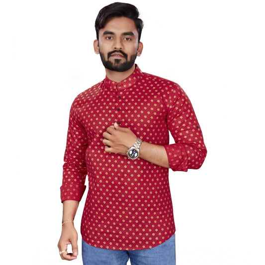 Generic Men's Cotton Printed Full Sleeve Short Kurta (Red)