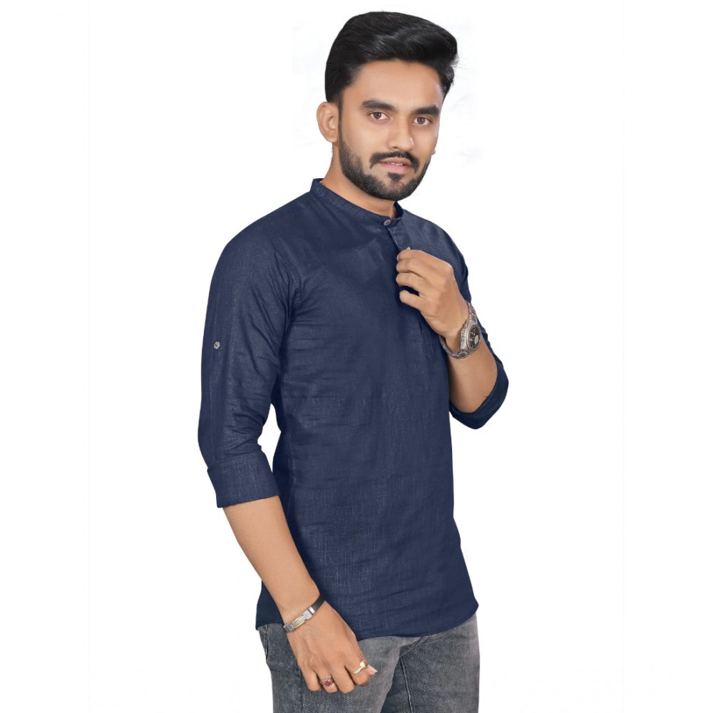 Generic Men's Cotton Solid Full Sleeve Short Kurta (Dark Blue)