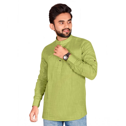 Generic Men's Cotton Solid Full Sleeve Short Kurta (Green)