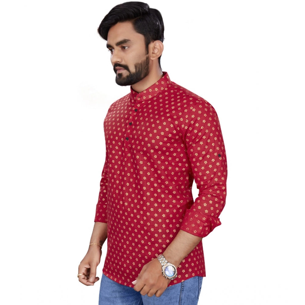 Generic Men's Cotton Printed Full Sleeve Short Kurta (Red)