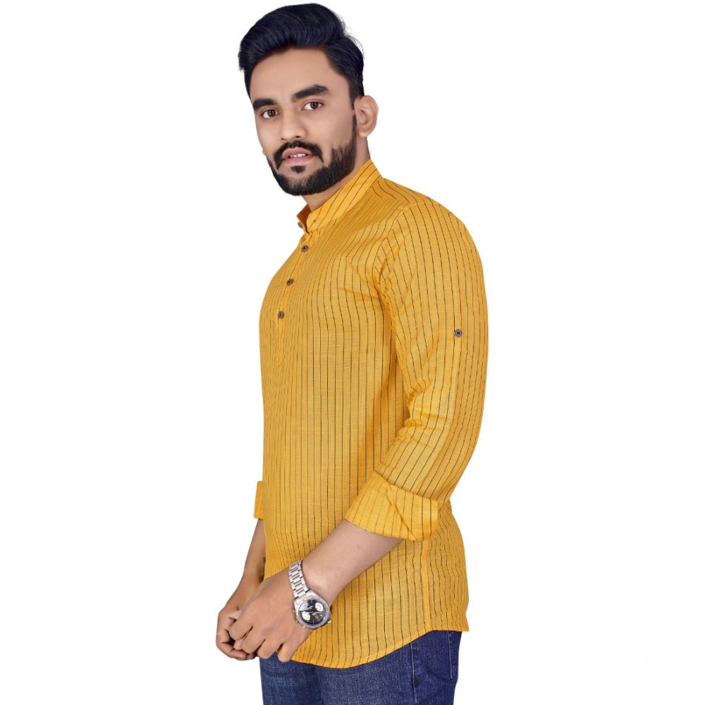 Generic Men's Cotton Blend Printed Full Sleeve Short Kurta (Yellow)