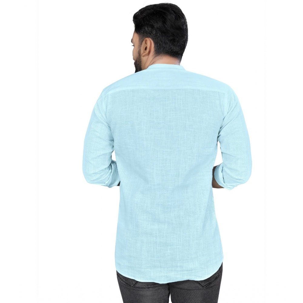 Generic Men's Cotton Solid Full Sleeve Short Kurta (Light Blue)