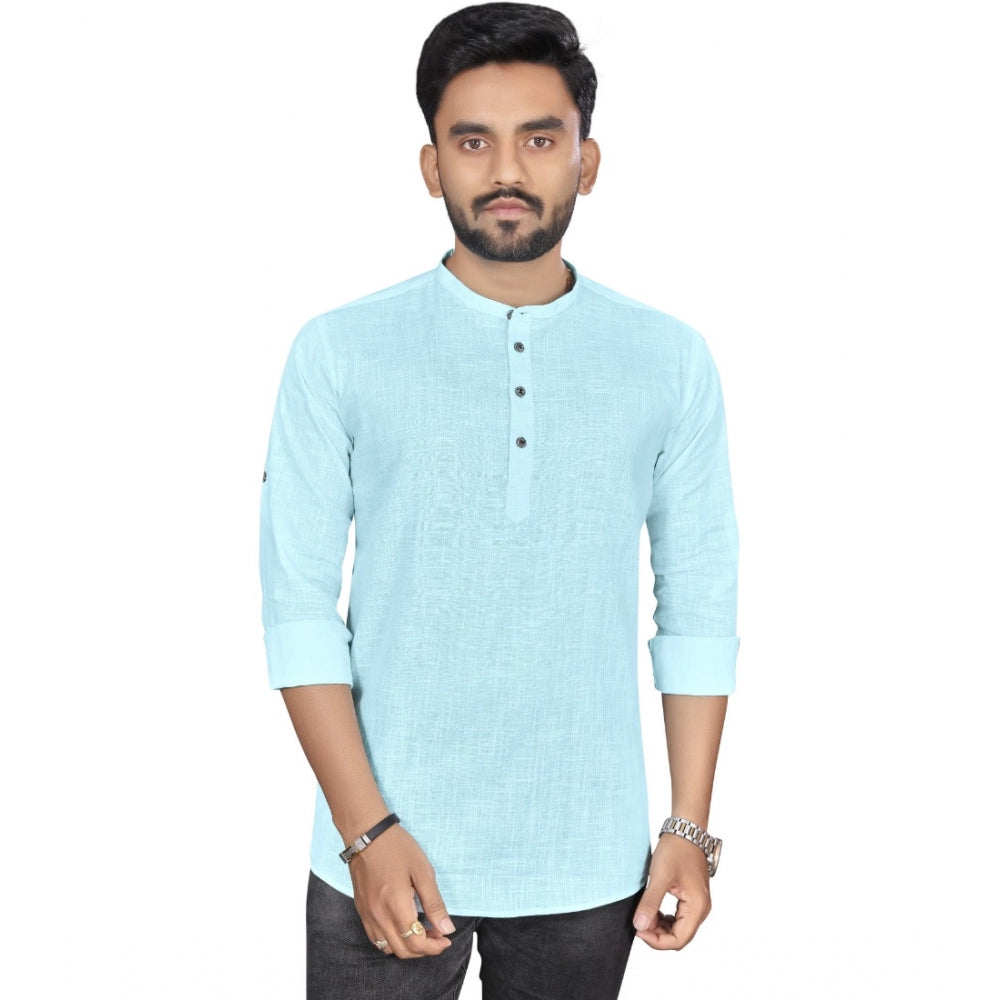 Generic Men's Cotton Solid Full Sleeve Short Kurta (Light Blue)