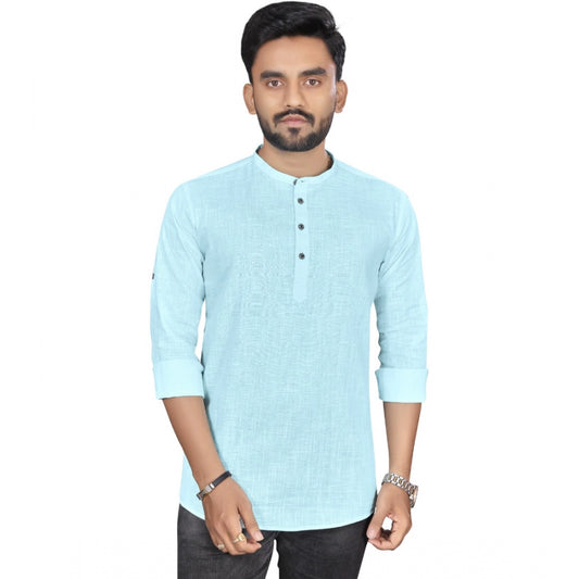 Generic Men's Cotton Solid Full Sleeve Short Kurta (Light Blue)