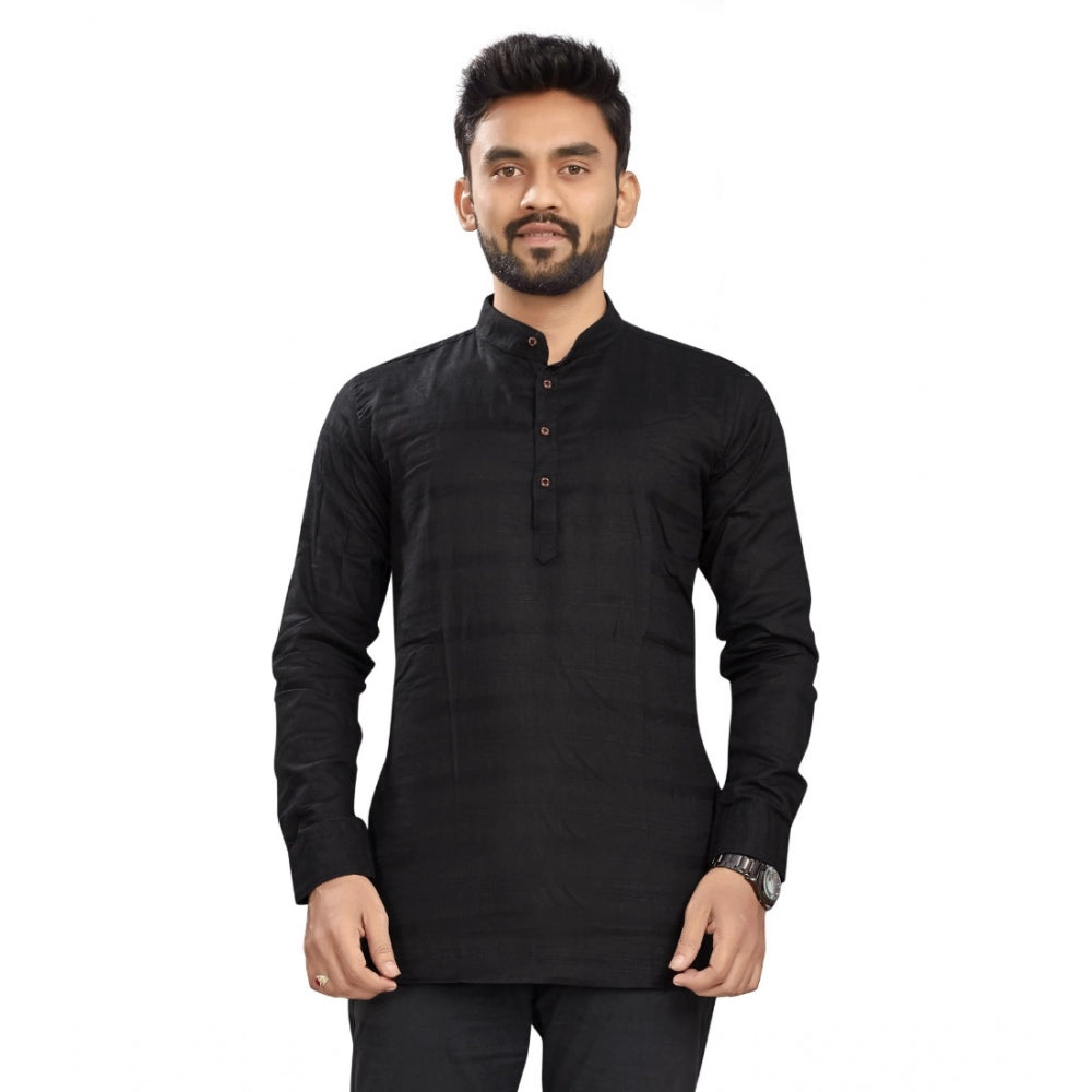 Generic Men's Cotton Solid Full Sleeve Short Kurta (Black)