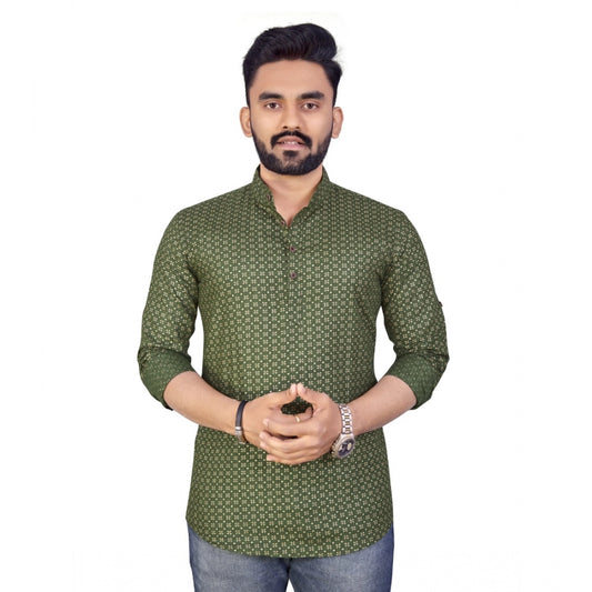 Generic Men's Cotton Blend Geometric Print Full Sleeve Short Kurta (Green)