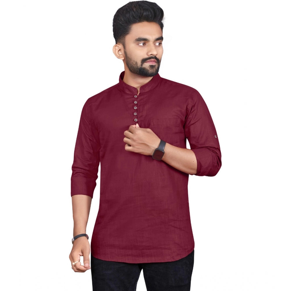 Generic Men's Cotton Solid Full Sleeve Short Kurta (Maroon)