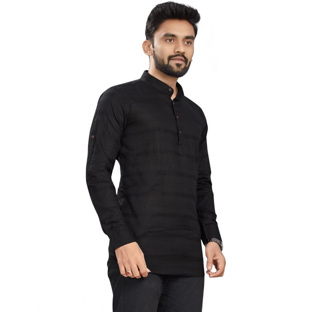 Generic Men's Cotton Solid Full Sleeve Short Kurta (Black)