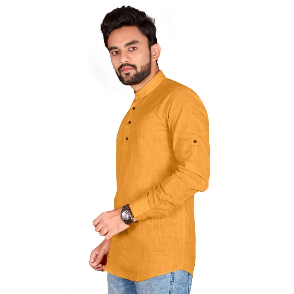 Generic Men's Cotton Solid Full Sleeve Short Kurta (Yellow)