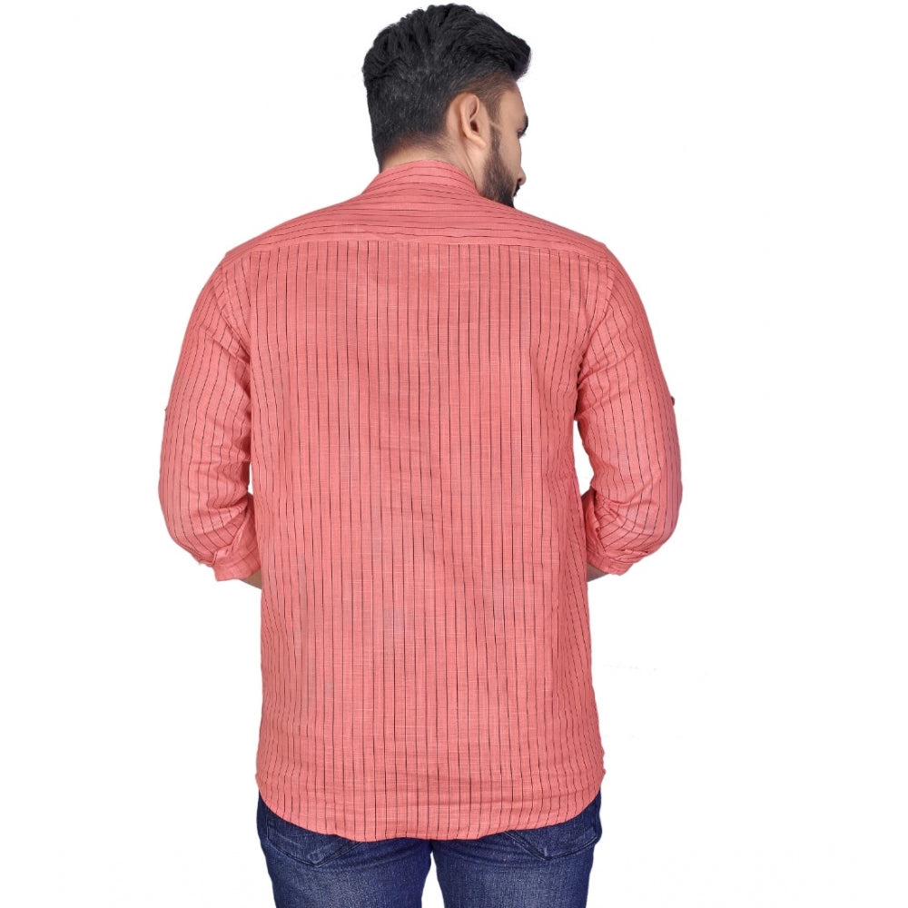 Generic Men's Cotton Blend Printed Full Sleeve Short Kurta (Peach)