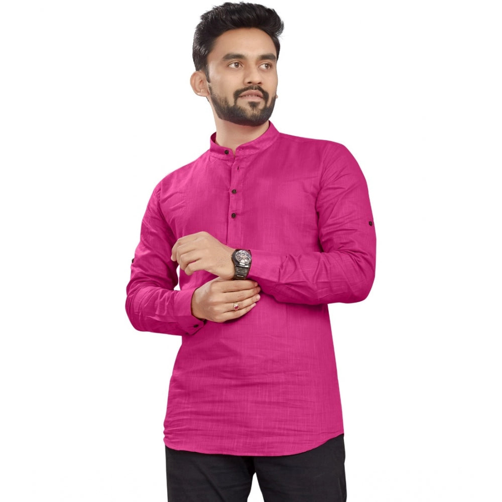 Generic Men's Cotton Solid Full Sleeve Short Kurta (Pink)