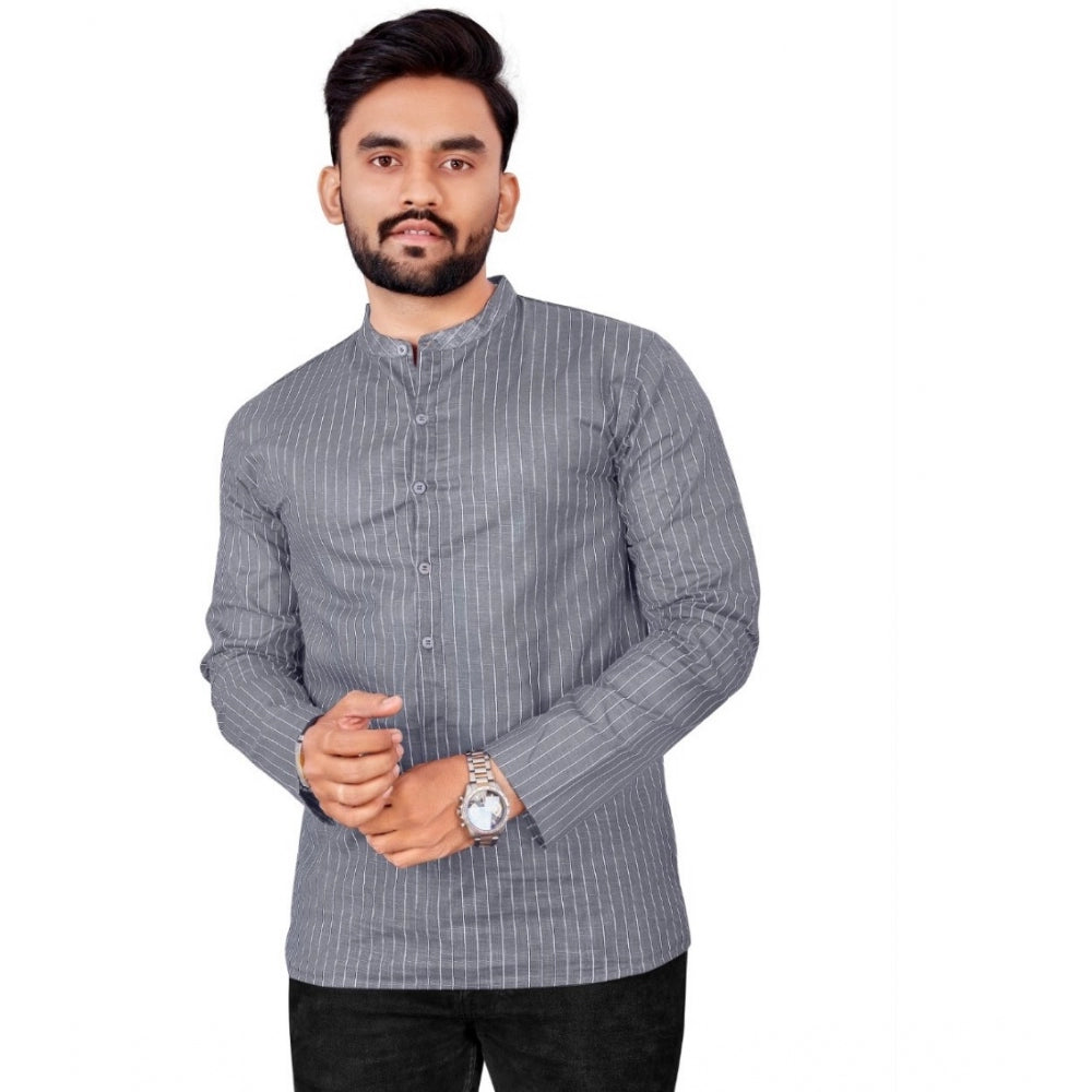 Generic Men's Cotton Striped Pattern Full Sleeve Short Kurta (Grey)