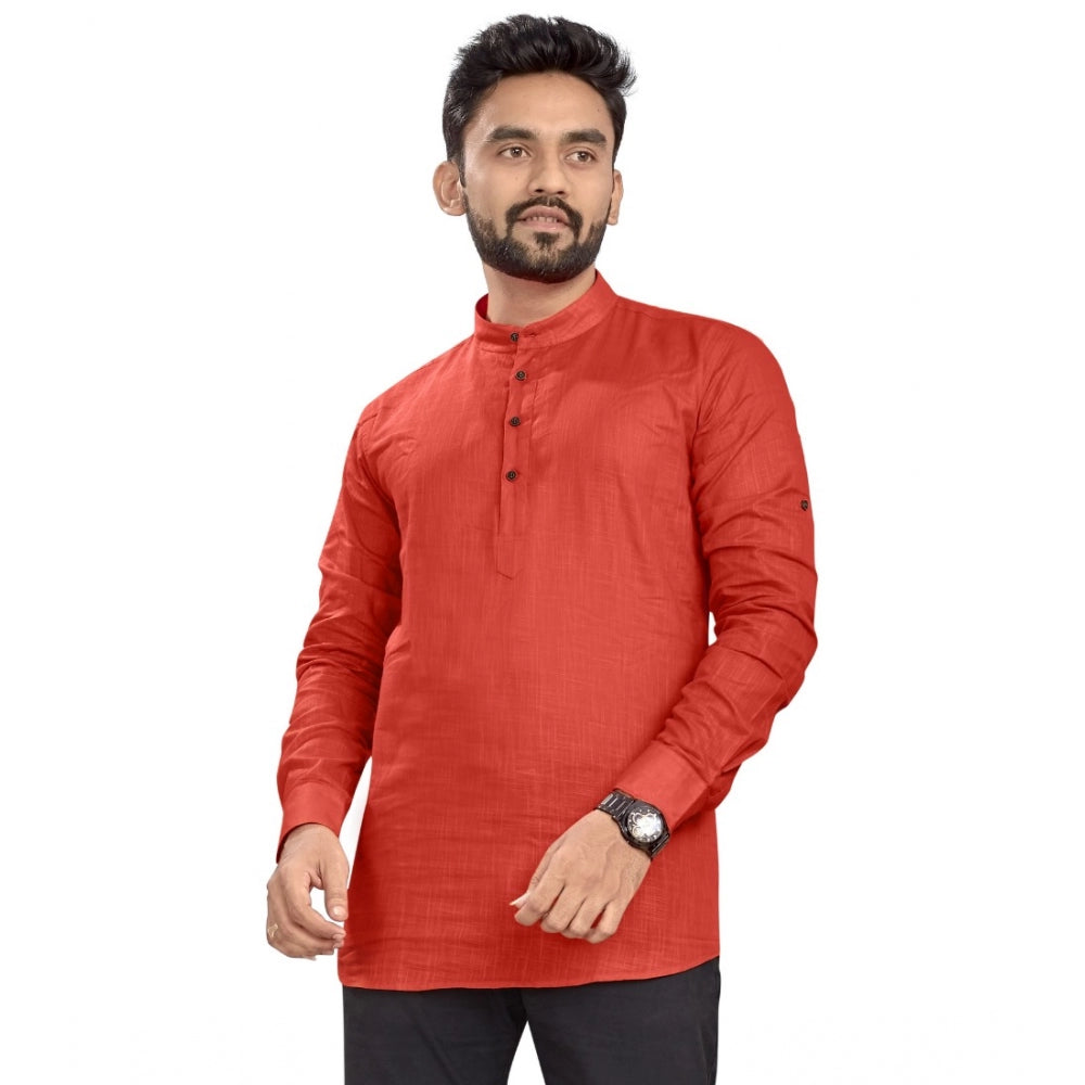 Generic Men's Cotton Solid Full Sleeve Short Kurta (Orange)