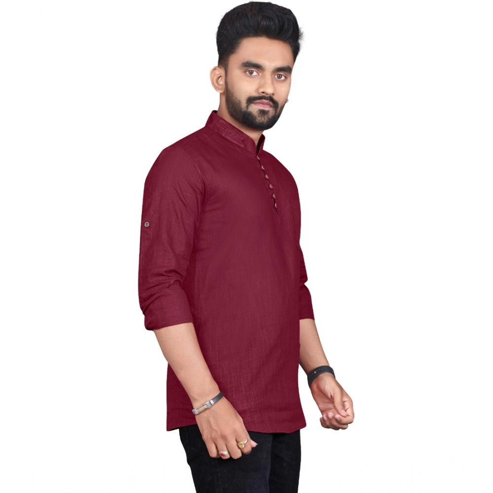 Generic Men's Cotton Solid Full Sleeve Short Kurta (Maroon)